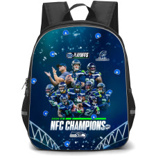 NFL Seattle Seahawks Backpack School Bag StudentPack - Seattle Seahawks NFC Champions Team Portrait and 2025 Season Highlights Blue Background