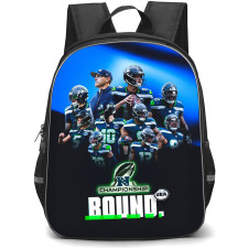 NFL Seattle Seahawks Backpack School Bag StudentPack - Seattle Seahawks NFC Championship Bound 2025 Blue and Green Action Background