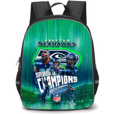 NFL Seattle Seahawks Backpack School Bag StudentPack - Seattle Seahawks Super Bowl LX Champions Green Background Logo and Players