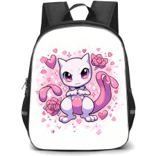 Pokemon Mewtwo Backpack StudentPack - Mewtwo Chibi Art Heart Roses Background