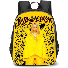 Billie Eilish Backpack StudentPack - Billie Eilish Wear Yellow Outfit And Standing On Yellow Background