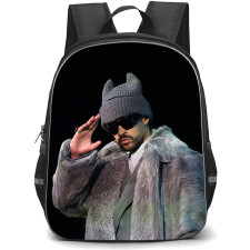 Bad Bunny Backpack School Bag StudentPack - Benito Antonio Martínez Ocasio Light Blue Shirt Wood Background Portrait