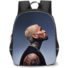 Chris Brown Backpack School Bag StudentPack - Chris Brown Looks Up with Grey Blue Background