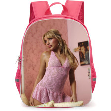 Sabrina Carpenter Backpack School Bag StudentPack - Pink Dress Side Portrait Pink Wall Background