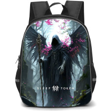 Sleep Token Backpack School Bag StudentPack - Sleep Token in Cape and Wings with Pink Flowers Forest